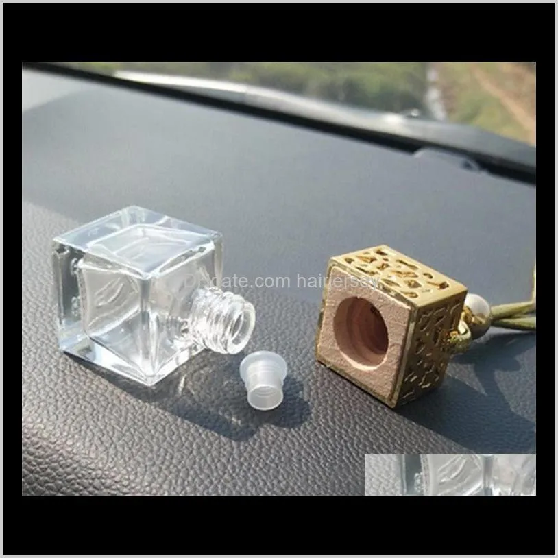 cube hollow car perfume bottle rearview ornament hanging air freshener for  oils diffuser fragrance empty glass bottle 