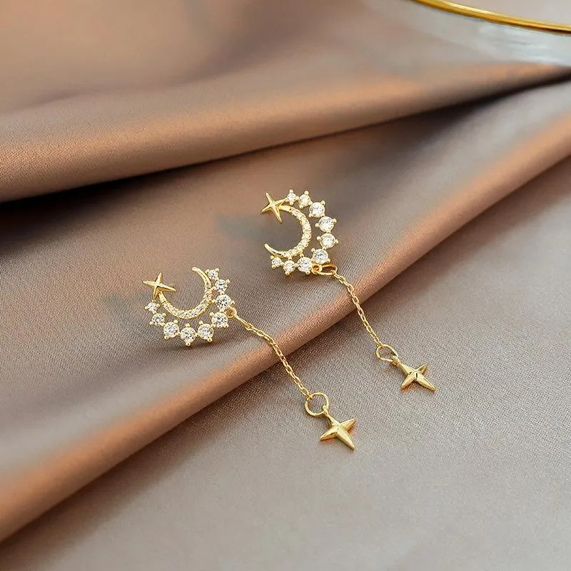 Luksusowe Jasne Golden Moon Kolczyki Długie Moda Rhinestone Cross Drop Dla Kobiet 2021 Biżuteria Akcesoria Dynda Żyrandol