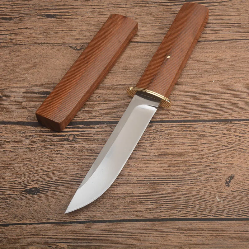 Högkvalitativ överlevnad Straight Kniv D2 Satin Drop Point Blade Wood Handtag Fasta Blad Taktiska Knivar Med Woods Meant