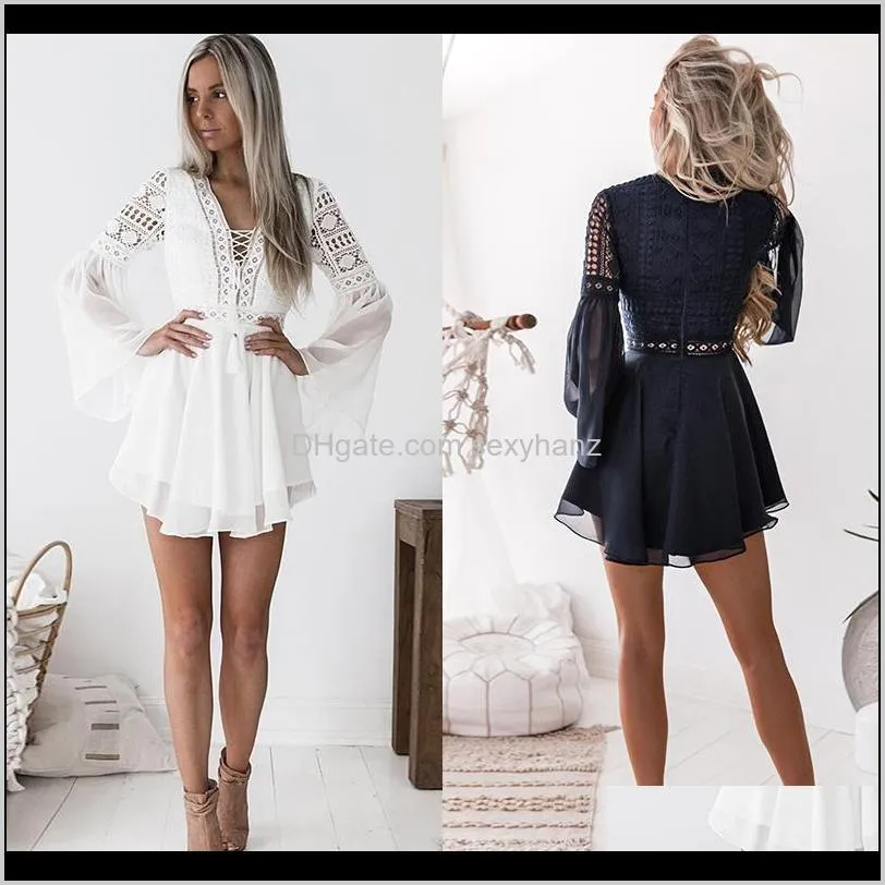 hollow out chiffon dress sexy women mini dress criss cross bandage lace semi-sheer plunge v-neck long sleeve black/white