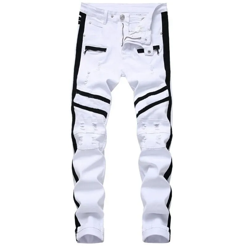 Мужчины хип-хоп полоса дизайн пэчворки разорванные растягивающиеся стройные джинсы стритюва хлопок мужские повседневные joggers джинсовые брюки плюс размер 42 210723