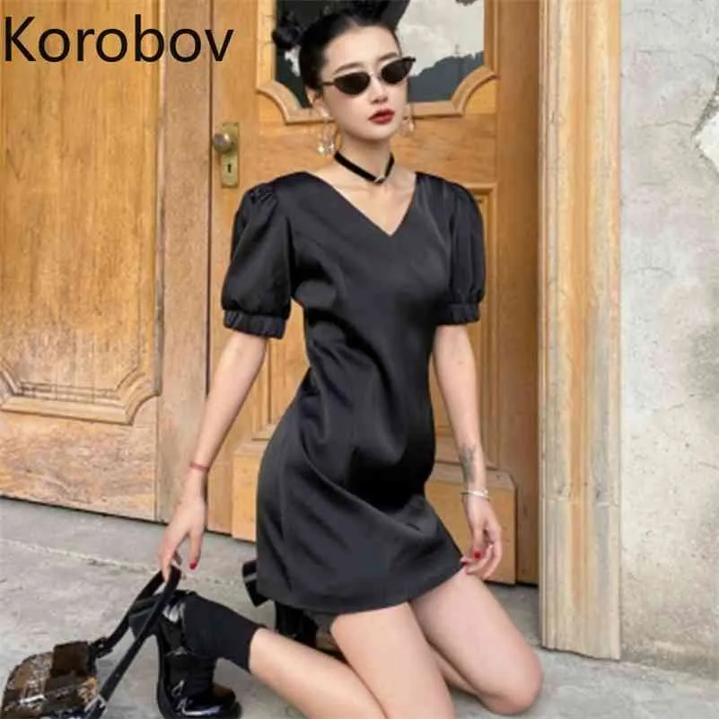 Korobov Vintage V-ausschnitt Puff Sleeve Schwarz Kleid Koreanische Streetwear Hohe Taille Sommer Kleider Chic Neue Vestidos Mujer 210430