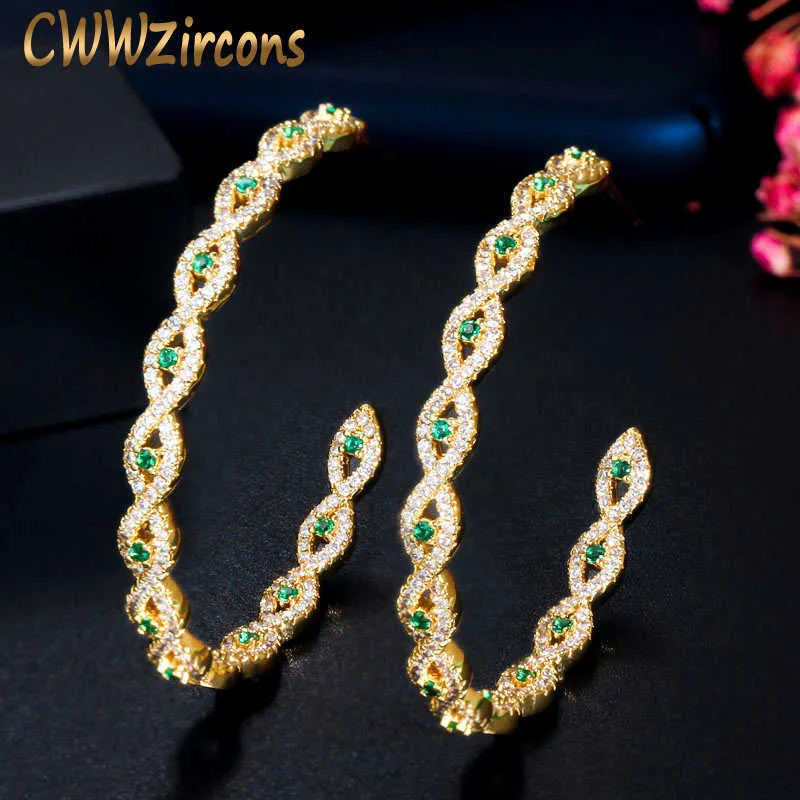 Lucido rotondo verde zircone cubico pietra giallo oro colore grande orecchino a cerchio per le donne designer di gioielli di lusso per feste CZ744 210714