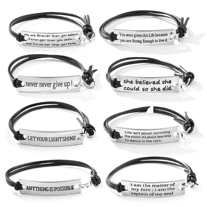 Bracelets porte-bonheur 2021 Bracelet en cuir gravé pour hommes couleur noire personnaliser acier inoxydable femmes ID cadeau fête