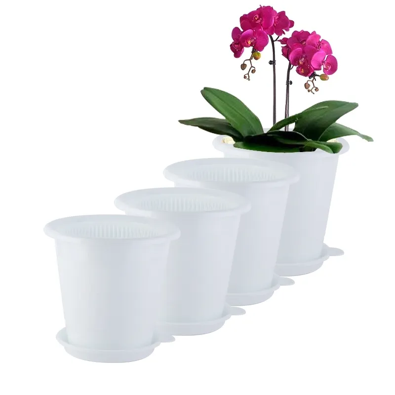 4 PACK Plastic Flower Pots Set for Orchid Cactus Plant Mesh Interior Pot, Exterior Pot, Tray, 12 Pieces Total by 5 inch Diameter 210401