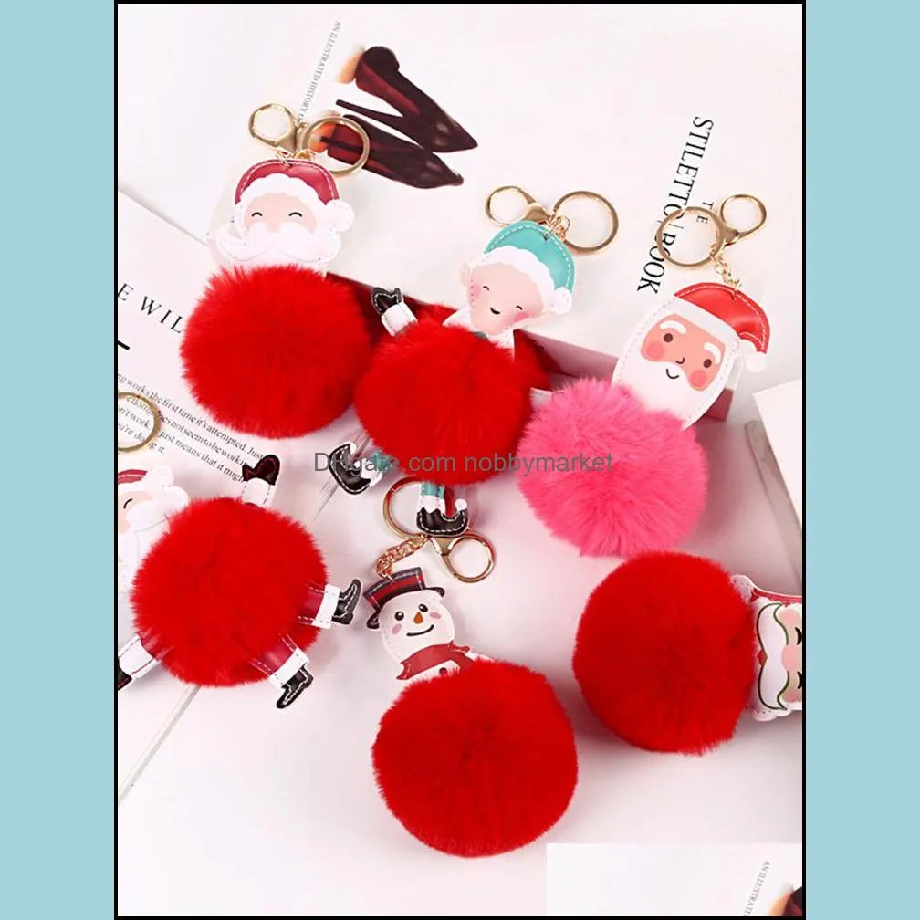 2021 New Winter Christmas Fur Ball Key Rings Environmentally Friendly Leather Santa Claus Plush Bag Keychain Women Jewelry Gift