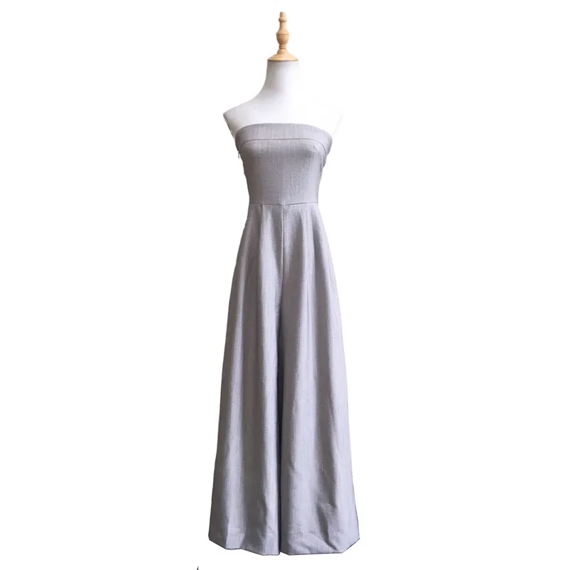 Women Gray Strapless Sleeveless Wide Leg Jumpsuit Vocation Holiday Beach Sexy Elegant J0026 210514