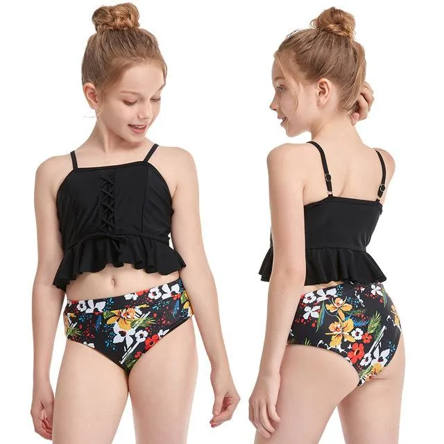 Girls Swimsuit Two Pieces Children Swimwear Kids Ruffled Bikini Set High-Waisted Bathing Suit Floral Summer Beachwear 2-12 Year One-Pieces