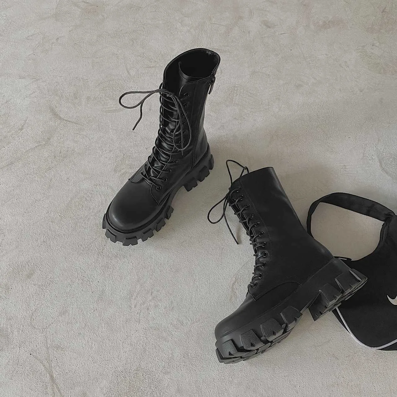 Bottes De Combat Femme à Talon Bloc - Style Gothique, Plateforme, Tige Courte, Lacets