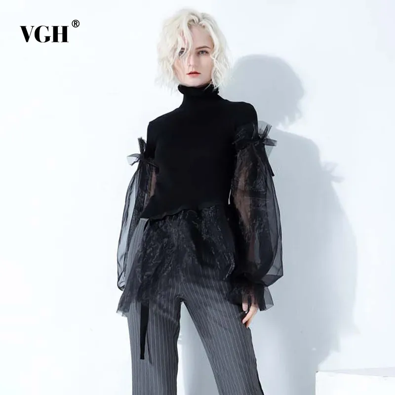 VGH Splicing Mesh Knitted Pullovers For Female Turtleneck Long Sleeve Ruffle Black Sweater Female Fashion New Clothing Autumn 210421