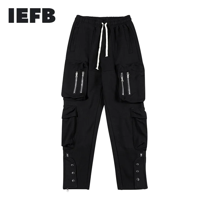 IEFB Functional Multi Pocket Grå Overaller Mäns Hip Hop High Street Fashion Sweatpants Ben Split Sportbyxor Trend Casual 210524