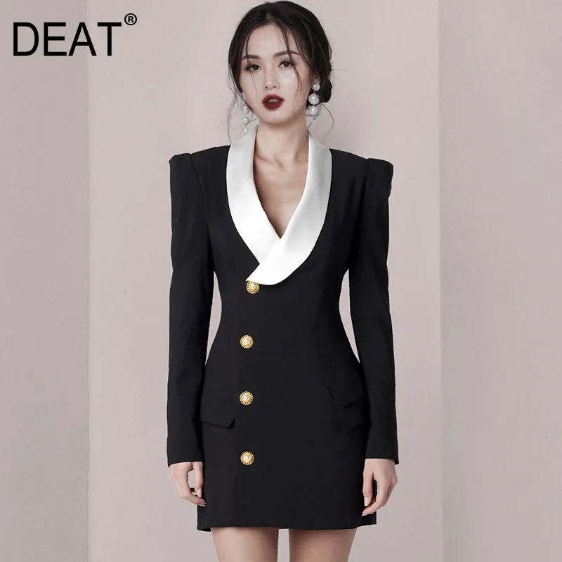 DEAT Women Black Patchwork Single Breasted Pockets High Dress New Notched Long Sleeve Slim Fit Fashion Tide Summer 7E0396 210428