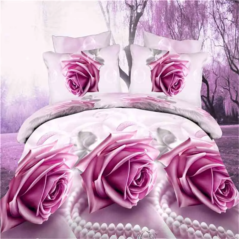 3d ros tryckt sängkläder sängkläder king size bröllop dekorativa duvet täckplatta kuddehus romantiska sängkläder för vuxna 210706