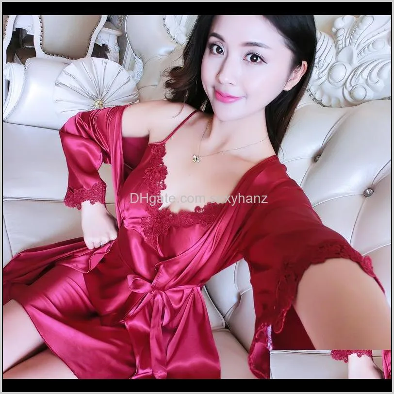 sexy sleepwear lace nightgown chinese style bride wedding robe lady intimate lingerie loose kimono bathrobe satin home clothes f696#