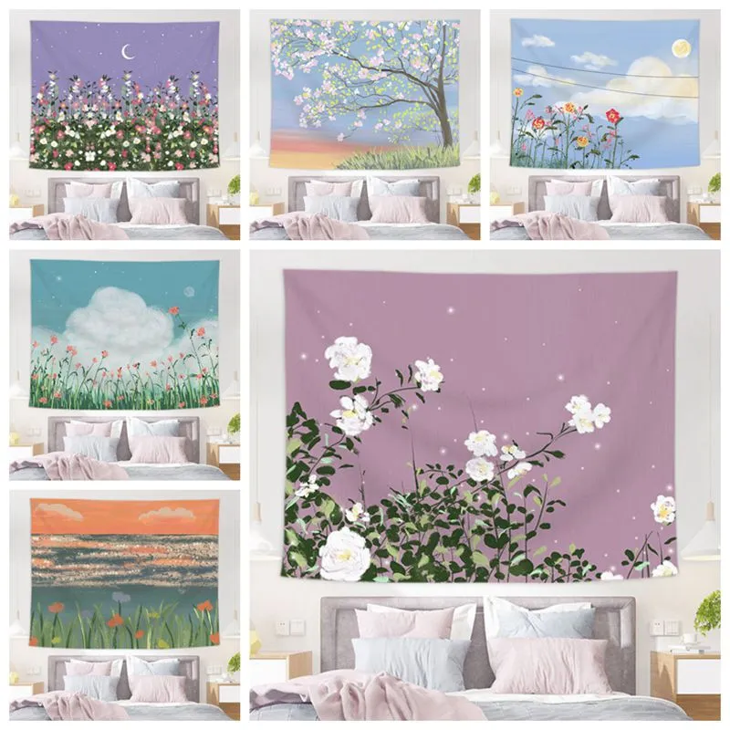 Cute Flowers Tapestry Room Decor Kawaii Girl Dorm Wall Hanging Tapiz Moon Night Decorazione coreana Nature Tenture Mural