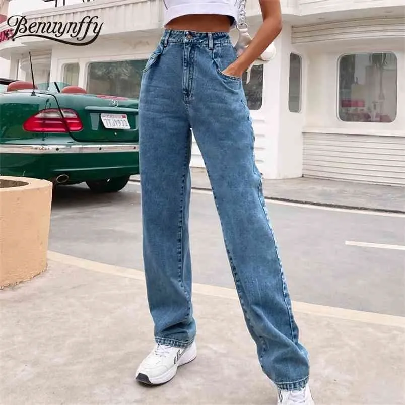 Zipper Fly High Waist Mom Jeans Autumn winter Solid Baggy Denim Pants Women Casual Wash Full Length Clothing Trousers 210510