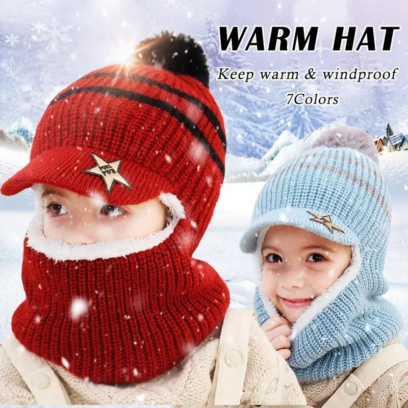 Scarves 2021 Knit Short Plush Hooded Scarf Kids Hat And Child Winter Warm Protection Ear Pom Cap Girls Boy Accessories