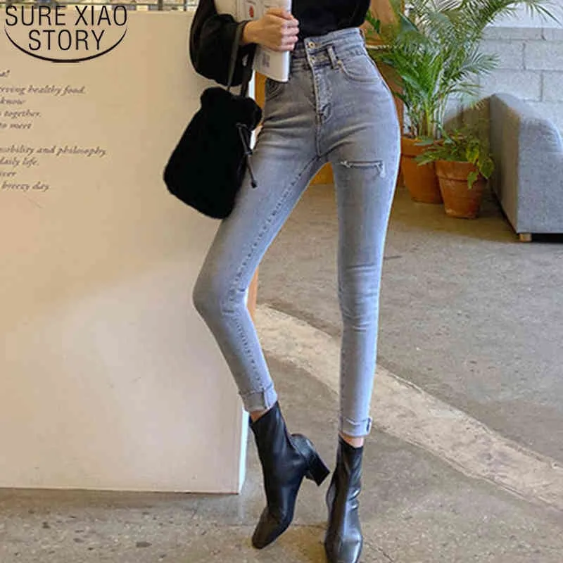 All-match Ripped Women Fit High Waist Stretch Elastic Femme Fringe Hem Denim Skinny Jeans Female Trousers 10395 210417