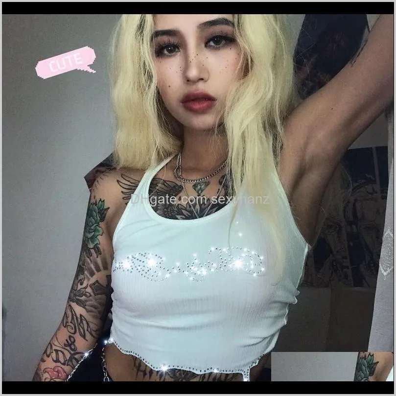 exclusive sexy sleeveless white crop top diamond short tank tops streetwear summer short top beach party 2019 women satin