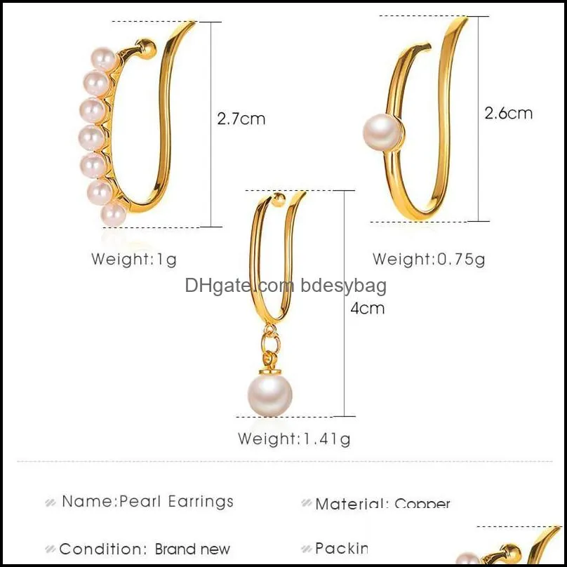 30pcs/Lot Retro No Hole Pearl Earrings Simple Gold Pendant Ear Cuff Women Hanging Pearl Ear Clip Fashion Jewelry Accessories Wholesale