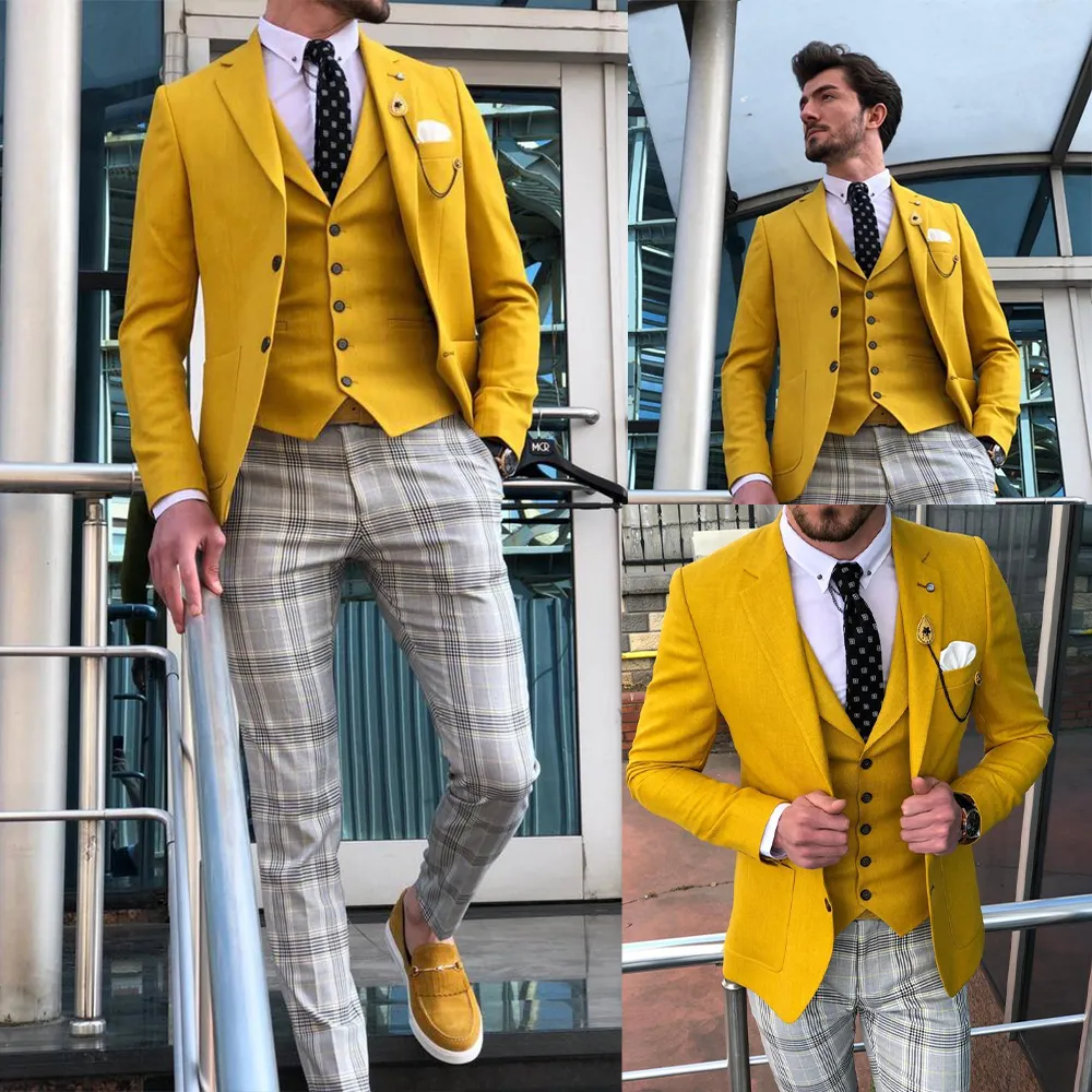 Two-Pieces Coatjacket Yellow Men Business Past Single Breasted Custom Made Slim Fit Groom Party Jas Op maat gemaakt Werkkleding