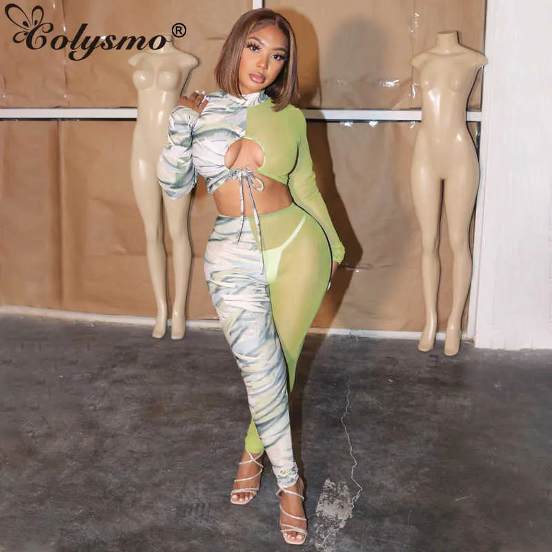 Colysmo Mesh 2 pièces Pantalon Costumes Sexy Découpé Imprimer Patchwork Manches longues Crop Top et Pantalon Ensemble Femmes Summer Party Club Tenues 210527