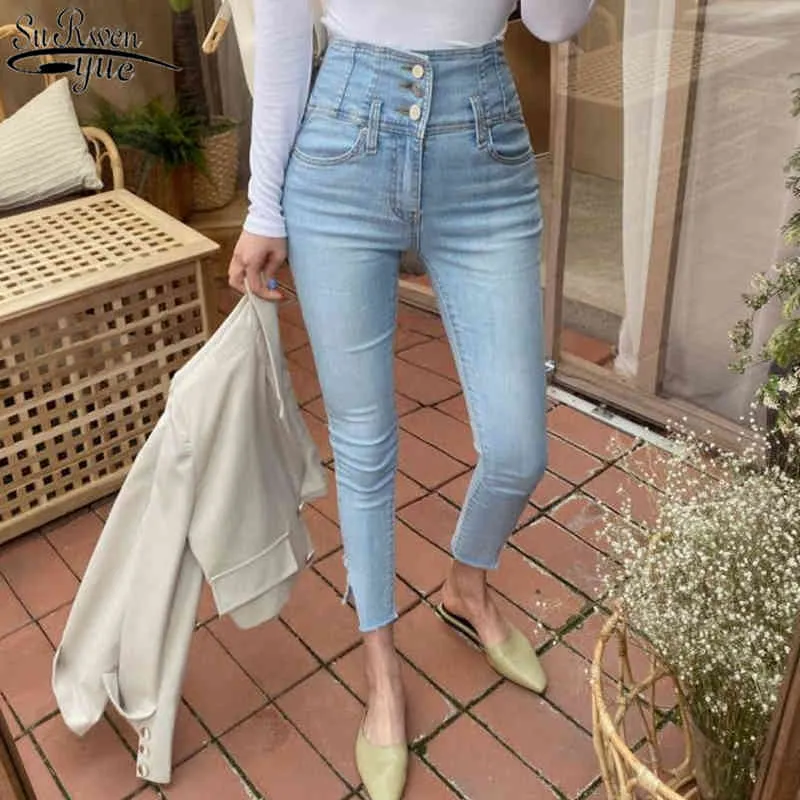 Dames Denim Skinny Broek Broek Pantalon Vrouwen Hoge Taille Jeans Broek Single-Breasted Lady Potlood Jeans Streetwear 10411 210417