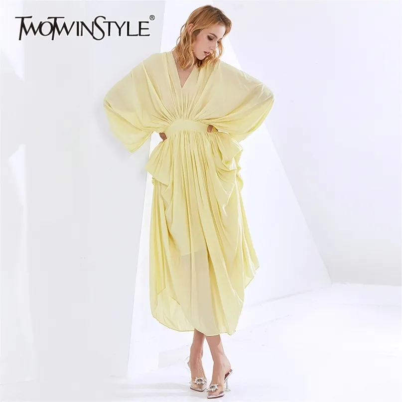 Elegant Ruched Tunic Dress For Women V Neck Batwing Sleeve Midi Dresses Female Fashion Clothing Style 210520