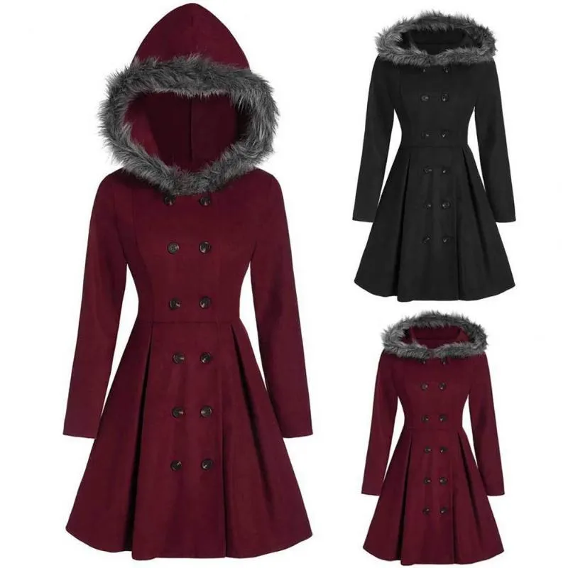 Abito da donna in misto lana con orlo ampio doppio petto cappotto invernale spesso donna autunno peluche con cappuccio tinta unita capispalla elegante