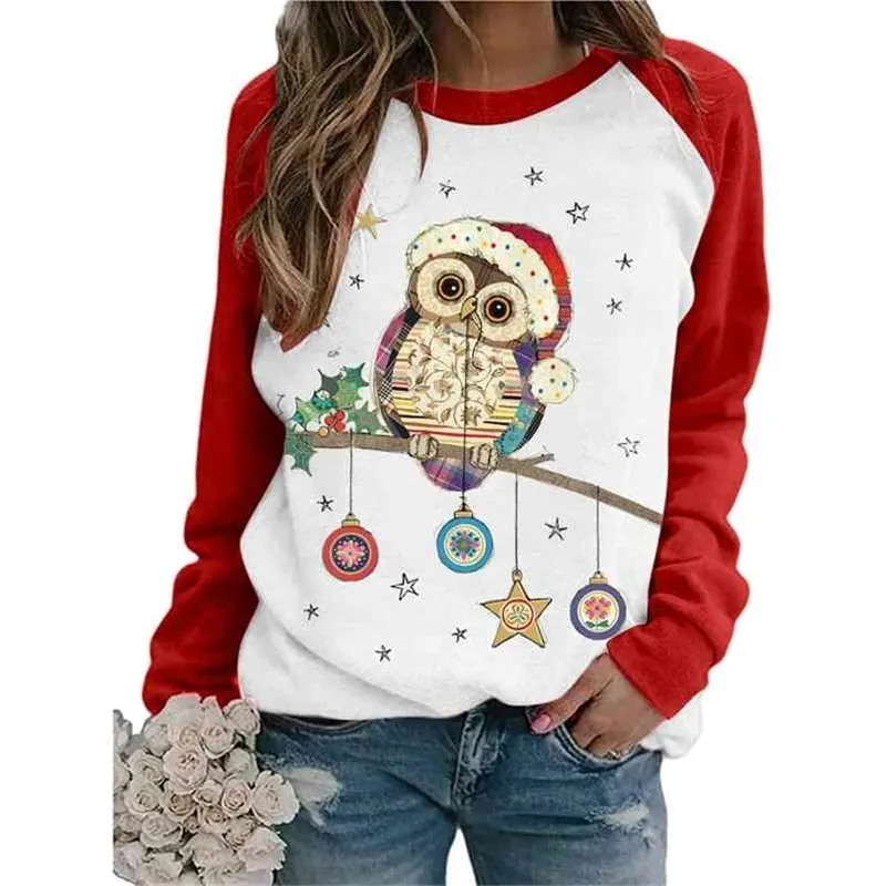 Rétro mignon hibou imprimer femmes T-shirt de noël à manches longues hauts raglan Femme vêtements O cou Vintage T-shirt Femme 210401