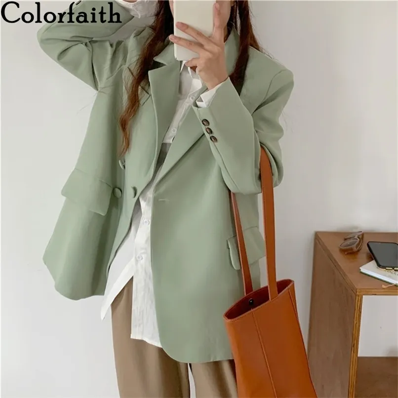 Colorfaith Autumn Winter Women's Blazers Pockets Jackets Fashionable Vintage Oversized Wild Office Lady Tops JK5 210930