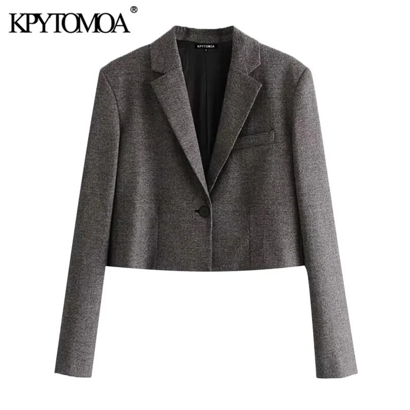 KPYTOMOA Femmes Mode Bouton Unique Recadrée Check Blazer Manteau Vintage À Manches Longues Femelle Survêtement Chic Veste Femme 211019