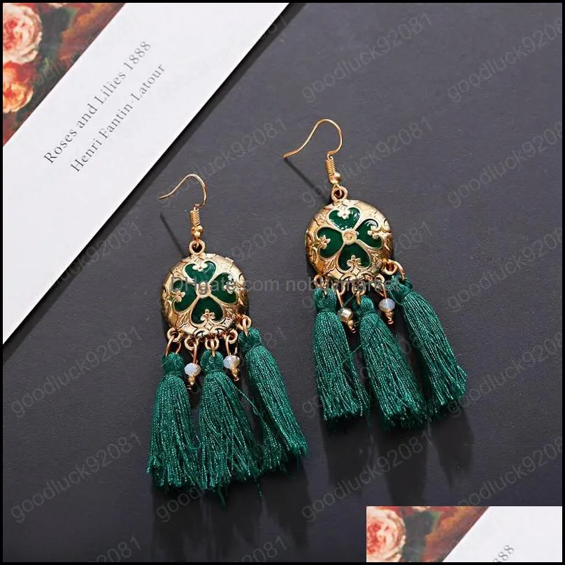 New Bohemian Green Tassel Statement Earrings Boho Ethnic Flower Red Long Fringed Earring For Women Charm Jewelry