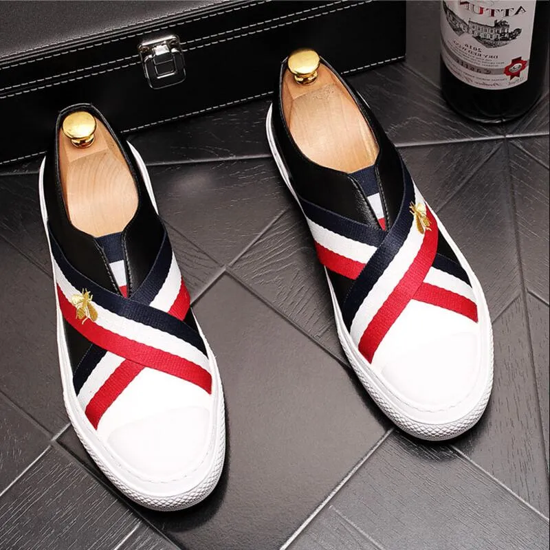 Casual Ribbon Men Shoes On Loafers Slip High Quality Designer Moccasins Sneaker Footwear Male Black White