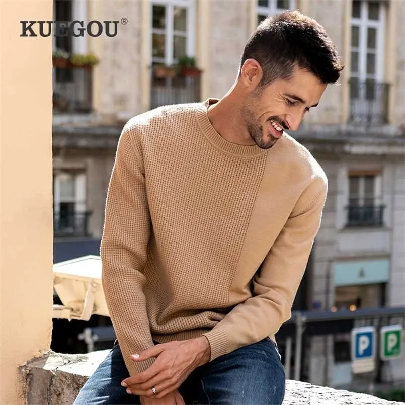 KUEGOU Herfst Winter Kleding Mens Trui Warm Pullovers Sweaters Khaki Man Gebreide Jacquard Fashion Top Plus Size YYZ-2202 211221
