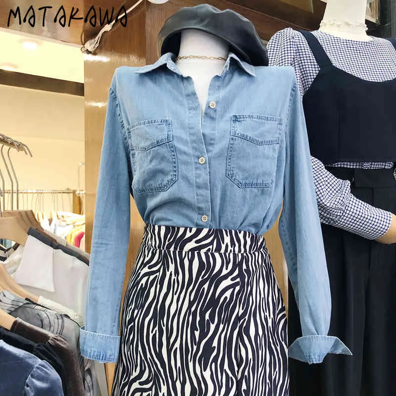 Matakawa Koreaanse Mode Womens Tops Turn-Down Collar Vrouw Blouses Retro Casual Denim Shirt Single Breasted Women Blusas 210513