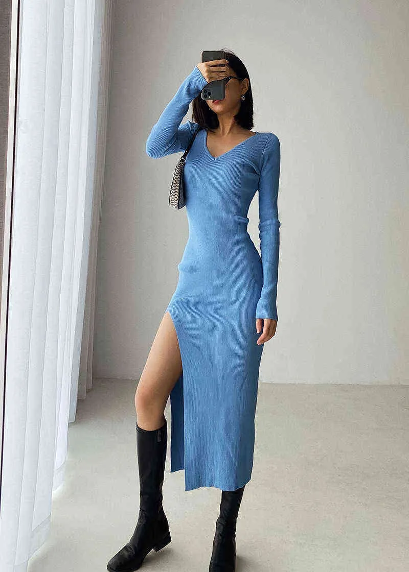 spring and winter sexy French slit sweater dress female slim tight-fitting hip-knit over-the-knee dresses 220208