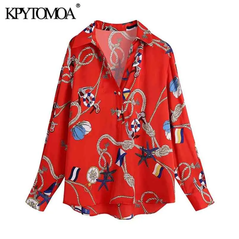 Women Fashion Printed Loose Red Blouses Long Sleeve Button-up Female Shirts Blusas Chic Tops 210420