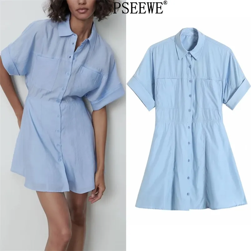 Mulher vestido azul mini camisa mulheres botão de moda verão até manga curta es senhoras casual es 210519