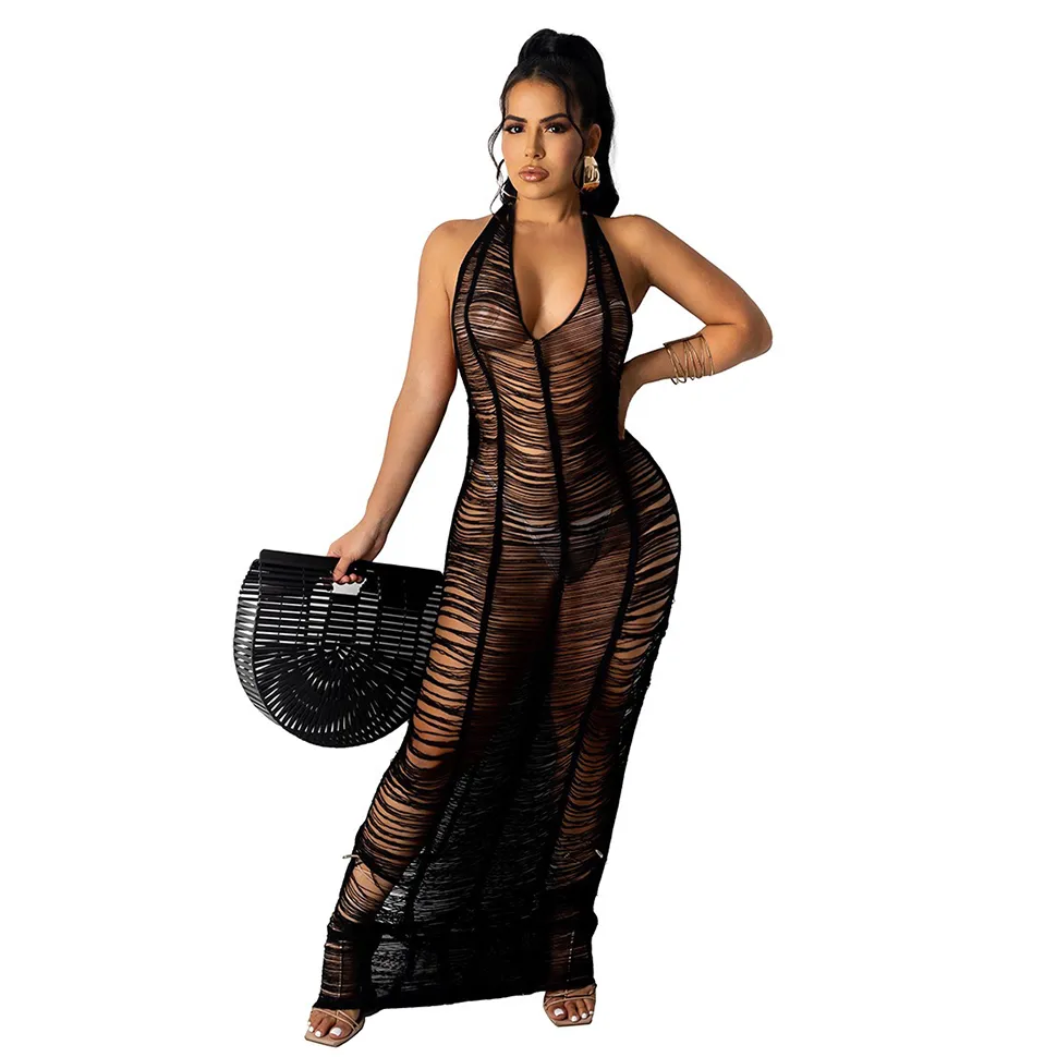 Kvinnor casual klänningar sexig v neck stickad mesh crochet hollow out bodycon party beach cover up maxi klänning