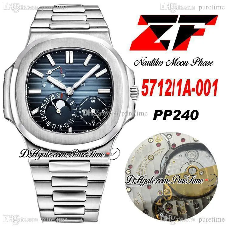 ZF Moon Fase Data 5712 / 1A-001 PP240 Automatic Mens Assista 40mm D-azul Textura Dial Pulseira de Aço Inoxidável Super Edição Relógios Polidos Puretime Escovado Puretime