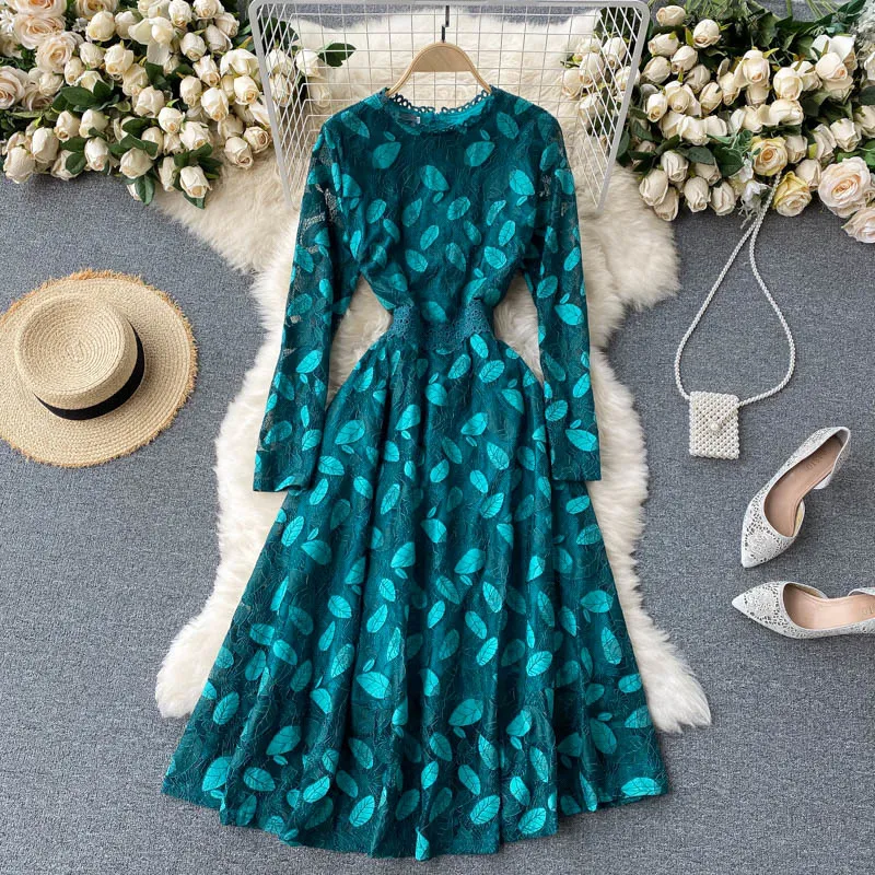 Singreiny Lace Broderi Leaf Dress Kvinnor Koreansk Långärmad O Neck A-Line Klänningar Vår Retro Fashion Streetwear Midi Dress 210419