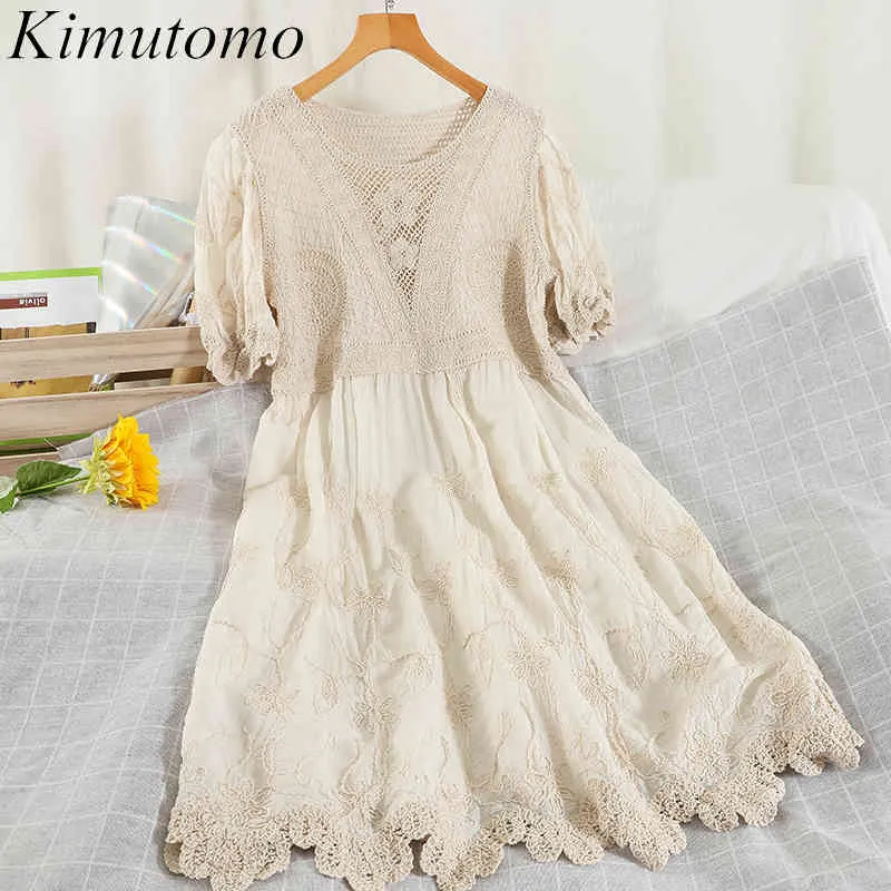 Kimutomo élégant rétro dentelle Robe femmes Hong Kong Style été femme col rond manches courtes taille haute solide Robe mode 210521