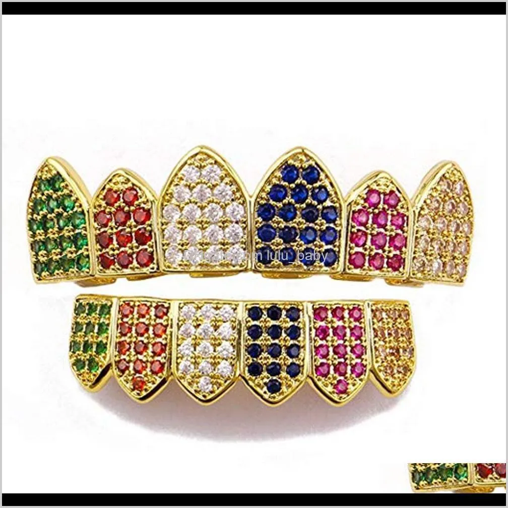 colorful grillz set gold plated cz crystal teeth dental grill bling gold teeth grillz top bottom grills