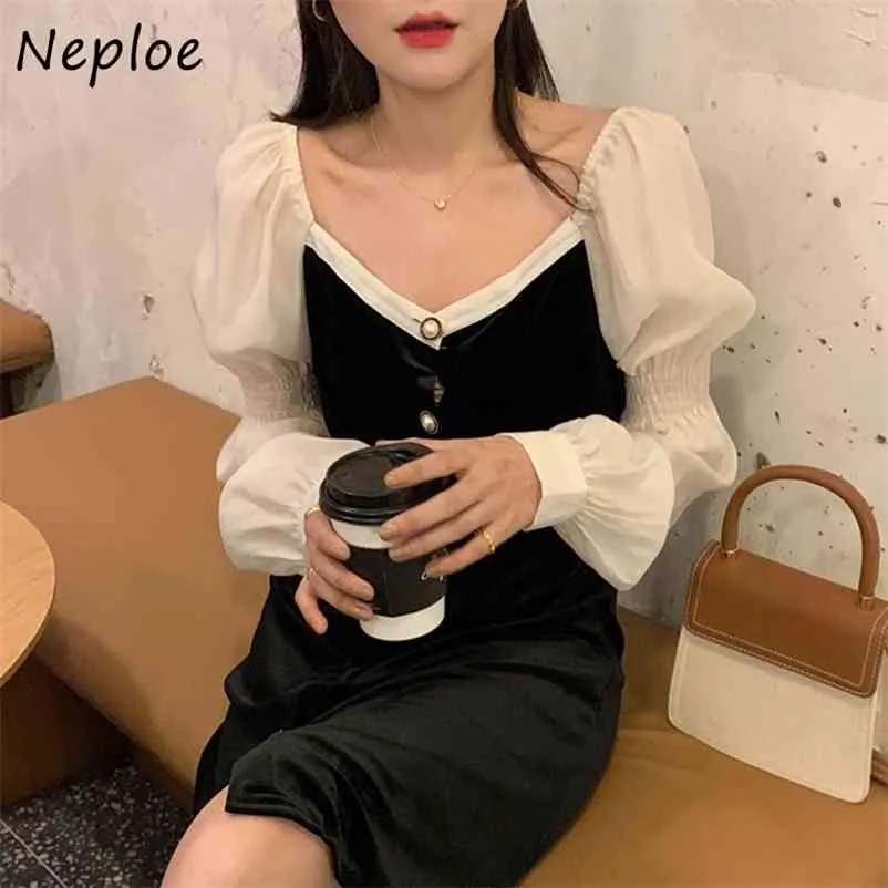 V Neck Single Breast Design Slim Robe Femmes hautes taille hanche une ligne Velor Vestidos Puff à manches longues Robe 210422