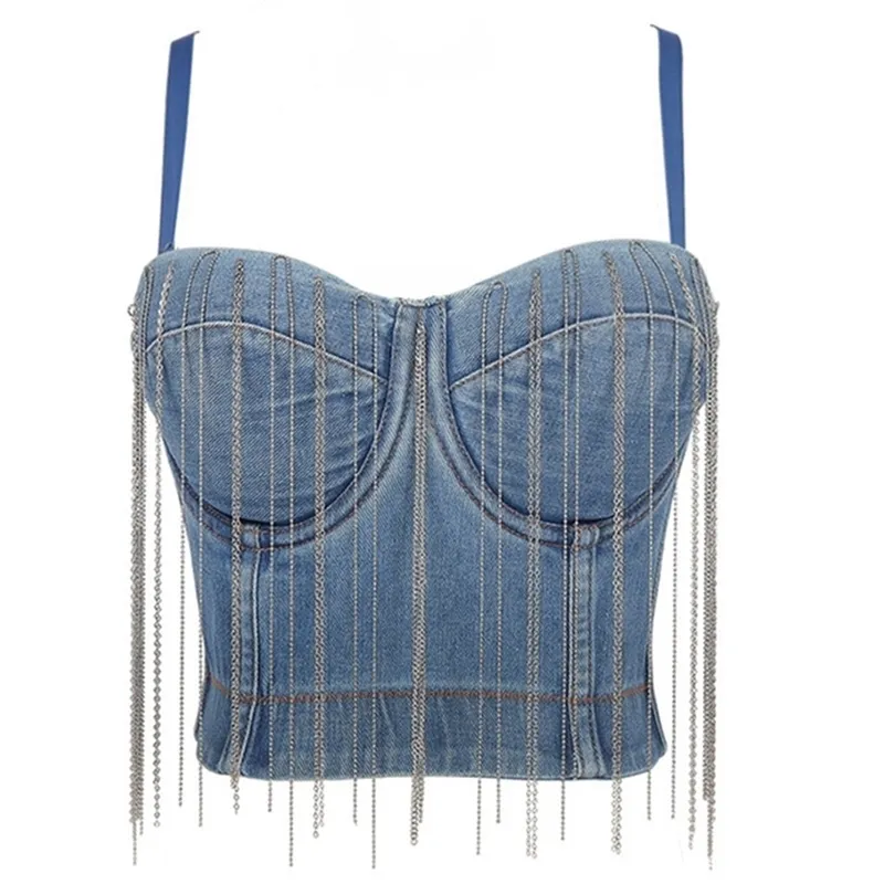 Corset Tops Denim Sutiã Roupas Elegante Colheita Sexy Party Bustier Colete Câmeras Crown Woman Tanks 210527