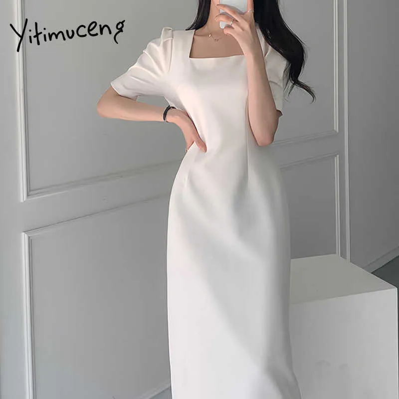 Yitimuceng Midi Dress For Women Summer Elegant Dresses Light Blue White Puff Sleeve High Waist Clothes Korean Fashion 210601