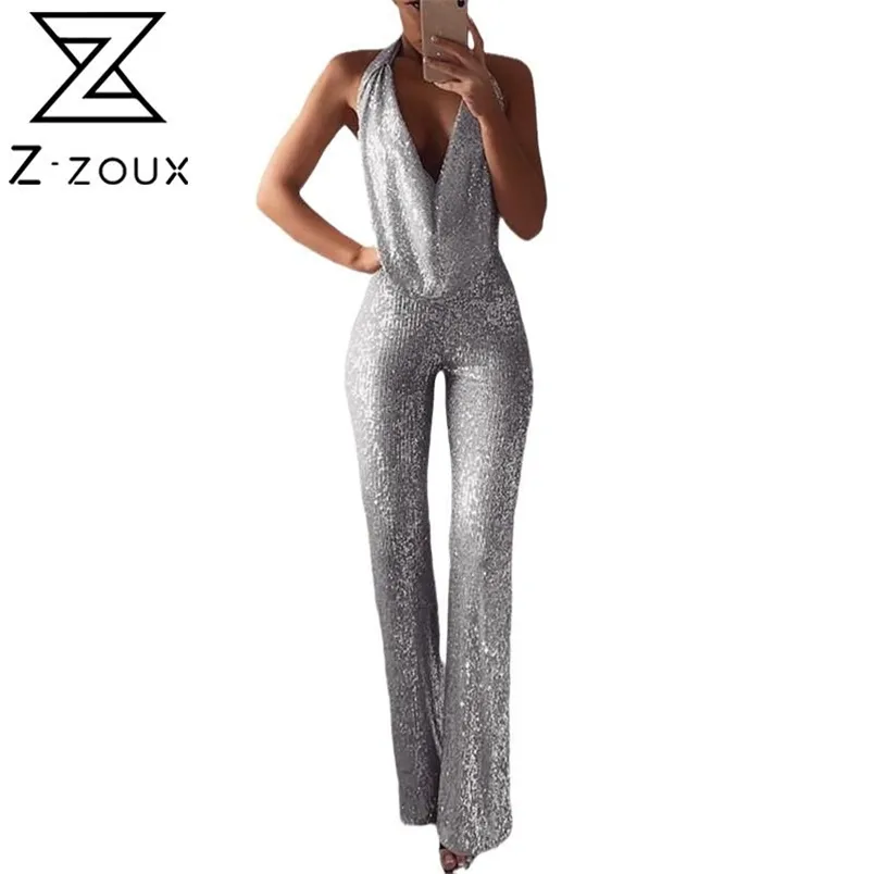 Kvinnor Jumpsuit Silver Sequined Ärmlös Straight Rompers Womens V Neck Hög midja Lösa Lång Sexig S 210513