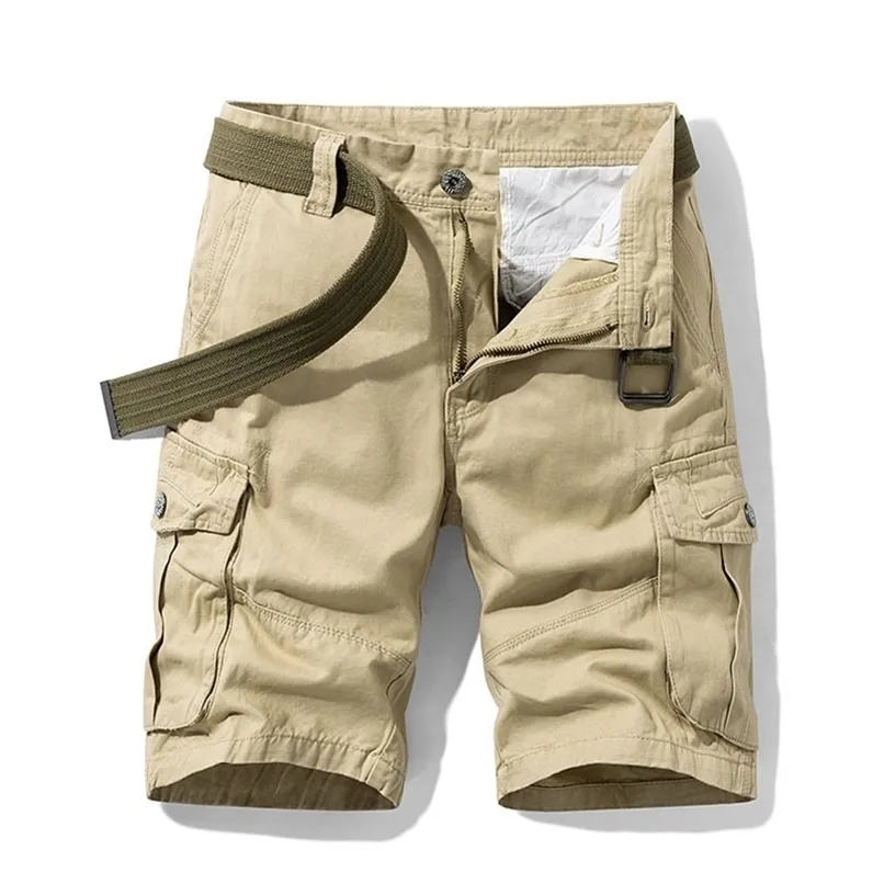 Verão Homens Baggy Multi Bolso Militar Carga Shorts Masculino Algodão Khaki Mens Calças curtas Táticas 30-38 Sem cinto 210806