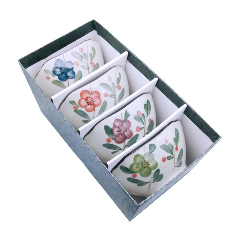 Vintage Square Japon kase hediye seti 4 adet 5 inç antika porselen pirinç çorba kaseleri elle boyalı çiçek ve yapraklar